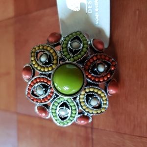 Design Green & Orange Beaded Stretch Ring